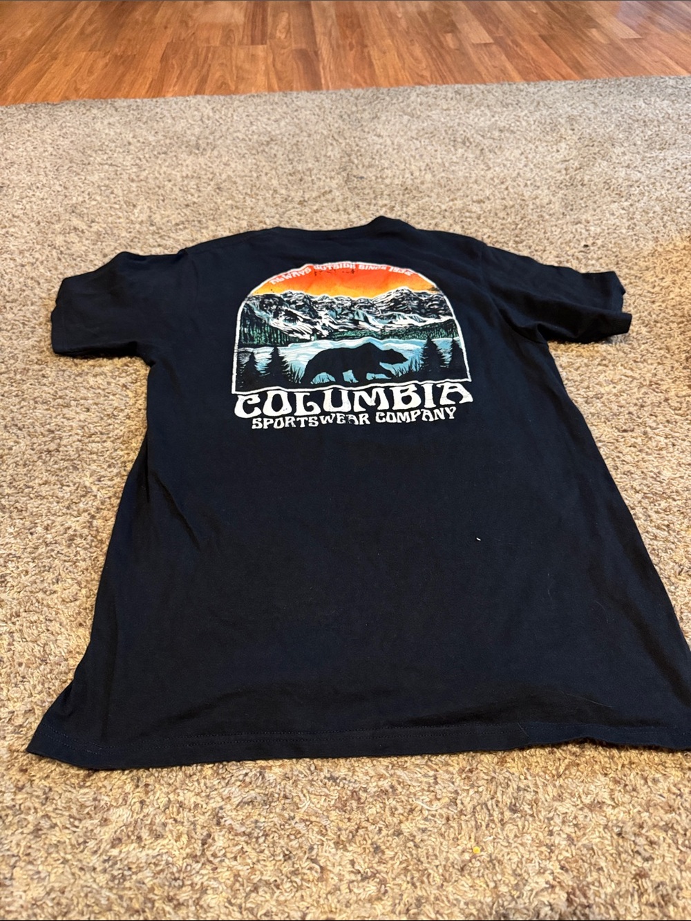 Columbia Black Tee with Orange and Teal Mountain Graphic